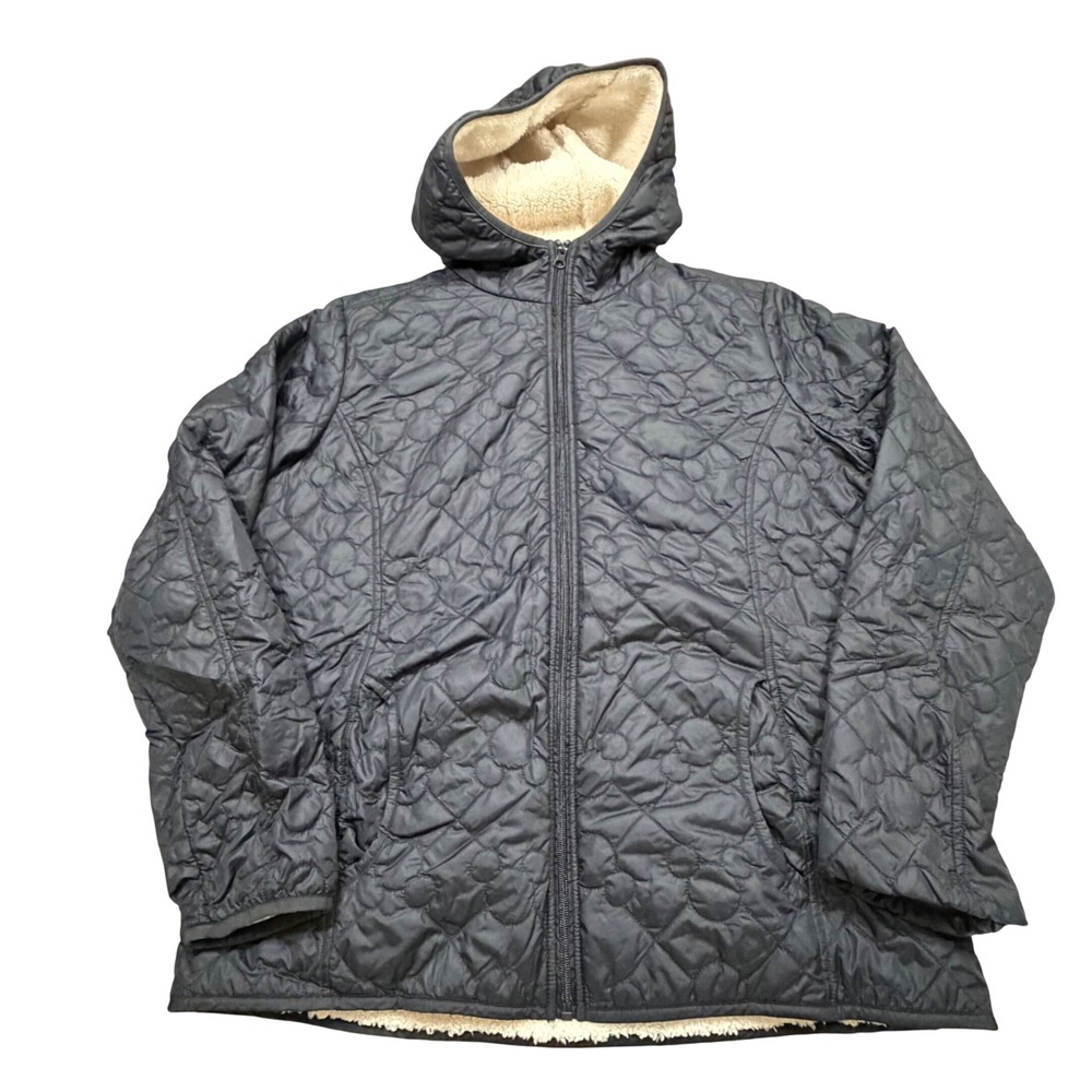 Disney Parks‎ Mickey Mouse Quilted Sherpa Lined Hooded Jacket Black Womens Large